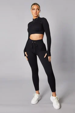 Rebellious Fashion Black Rib Knit Zip Front Crop Top & Leggings Set - Nico