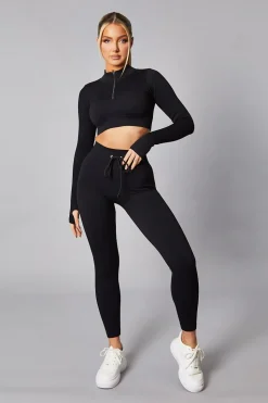 Rebellious Fashion Black Rib Knit Zip Front Crop Top & Leggings Set - Nico