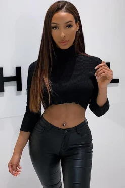 Rebellious Fashion Black Rib Roll Neck Crop Jumper - Hayvin