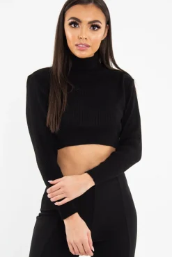 Rebellious Fashion Black Rib Roll Neck Crop Jumper - Hayvin