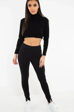 Rebellious Fashion Black Rib Roll Neck Crop Jumper - Hayvin
