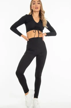 Rebellious Fashion Black Rib Ruched Front Crop Top Legging Loungewear Co-Ord - Victoria