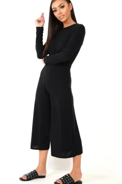 Rebellious Fashion Black Rib Twist Front Culotte Jumpsuit - Elexis