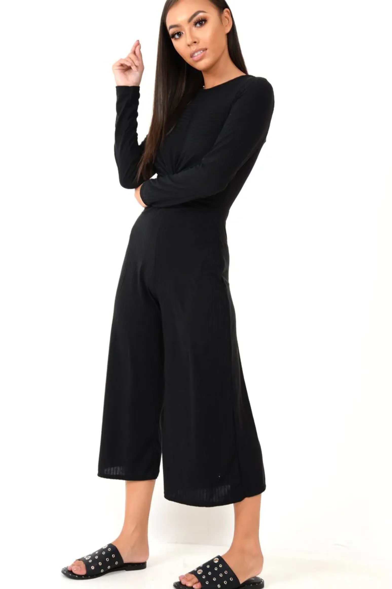 Rebellious Fashion Black Rib Twist Front Culotte Jumpsuit - Elexis