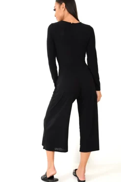 Rebellious Fashion Black Rib Twist Front Culotte Jumpsuit - Elexis