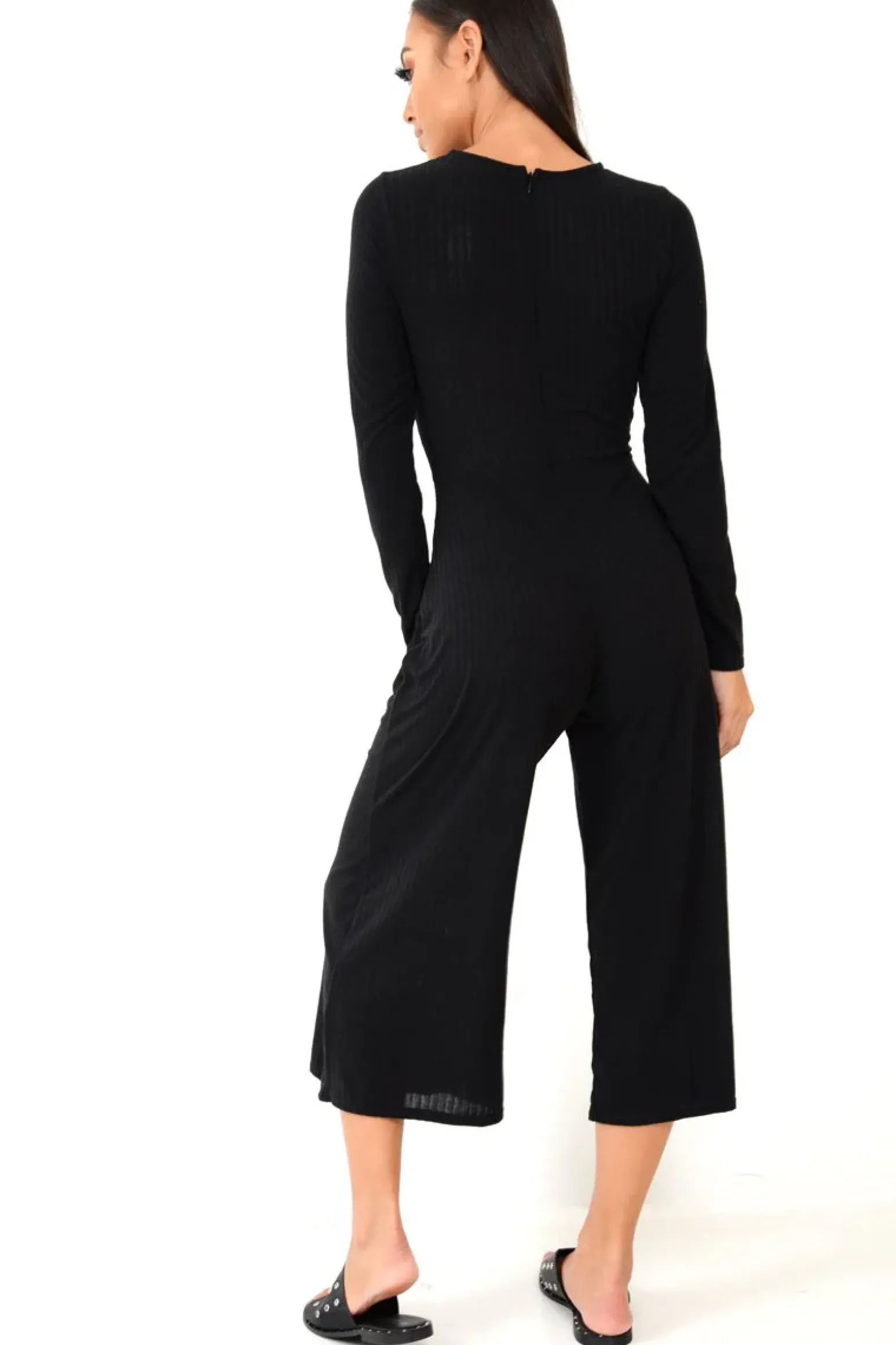 Rebellious Fashion Black Rib Twist Front Culotte Jumpsuit - Elexis