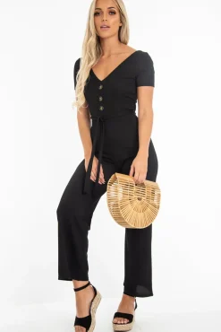 Rebellious Fashion Black Rib V Neck Button Front Jumpsuit - Cassandra
