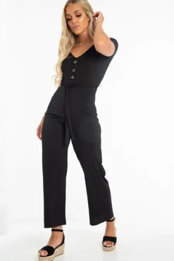 Rebellious Fashion Black Rib V Neck Button Front Jumpsuit - Cassandra