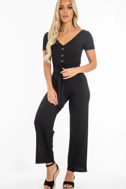 Rebellious Fashion Black Rib V Neck Button Front Jumpsuit - Cassandra