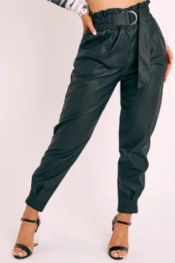Rebellious Fashion Black Ring Belt Straight Leg PU Trousers - Jazmine