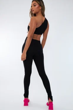 Rebellious Fashion Black Ring Detail Asymmetric Slit Hem Jumpsuit - Daphne