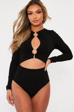 Rebellious Fashion Black Ring Detail Cut Out Long Sleeve Bodysuit - Elissa