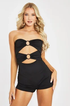 Rebellious Fashion Black Ring Detail Cut Out Ruched Playsuit - Hanya