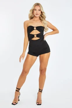 Rebellious Fashion Black Ring Detail Cut Out Ruched Playsuit - Hanya