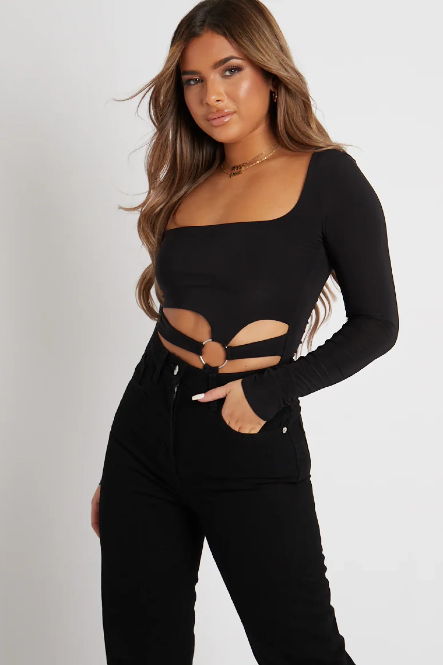 Rebellious Fashion Black Ring Detail Front Cut Out Bodysuit - Ryelee