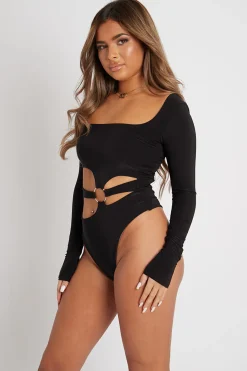 Rebellious Fashion Black Ring Detail Front Cut Out Bodysuit - Ryelee