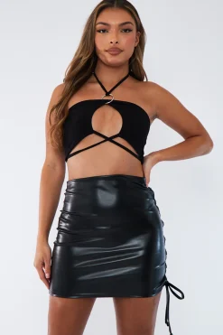 Rebellious Fashion Black Ring Detail Halter Neck Crop Top - Joyce