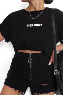 Rebellious Fashion Black Ring Zip Front Distressed Denim Shorts - Kamea