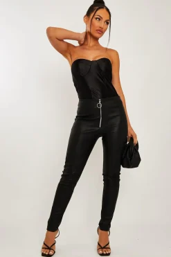 Rebellious Fashion Black Ring Zip Front Faux Leather Leggings - Rafaela