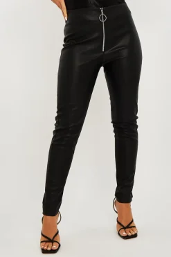 Rebellious Fashion Black Ring Zip Front Faux Leather Leggings - Rafaela