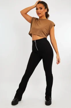 Rebellious Fashion Black Ring Zip Front Split Side Crepe Trousers - Ashton