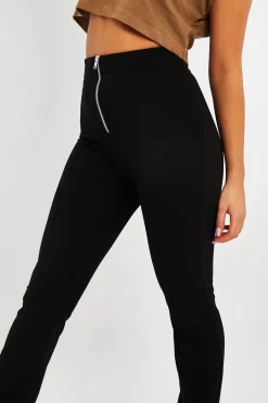 Rebellious Fashion Black Ring Zip Front Split Side Crepe Trousers - Ashton