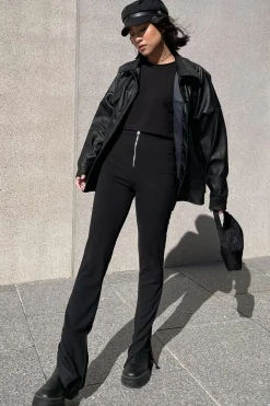 Rebellious Fashion Black Ring Zip Front Split Side Crepe Trousers - Ashton
