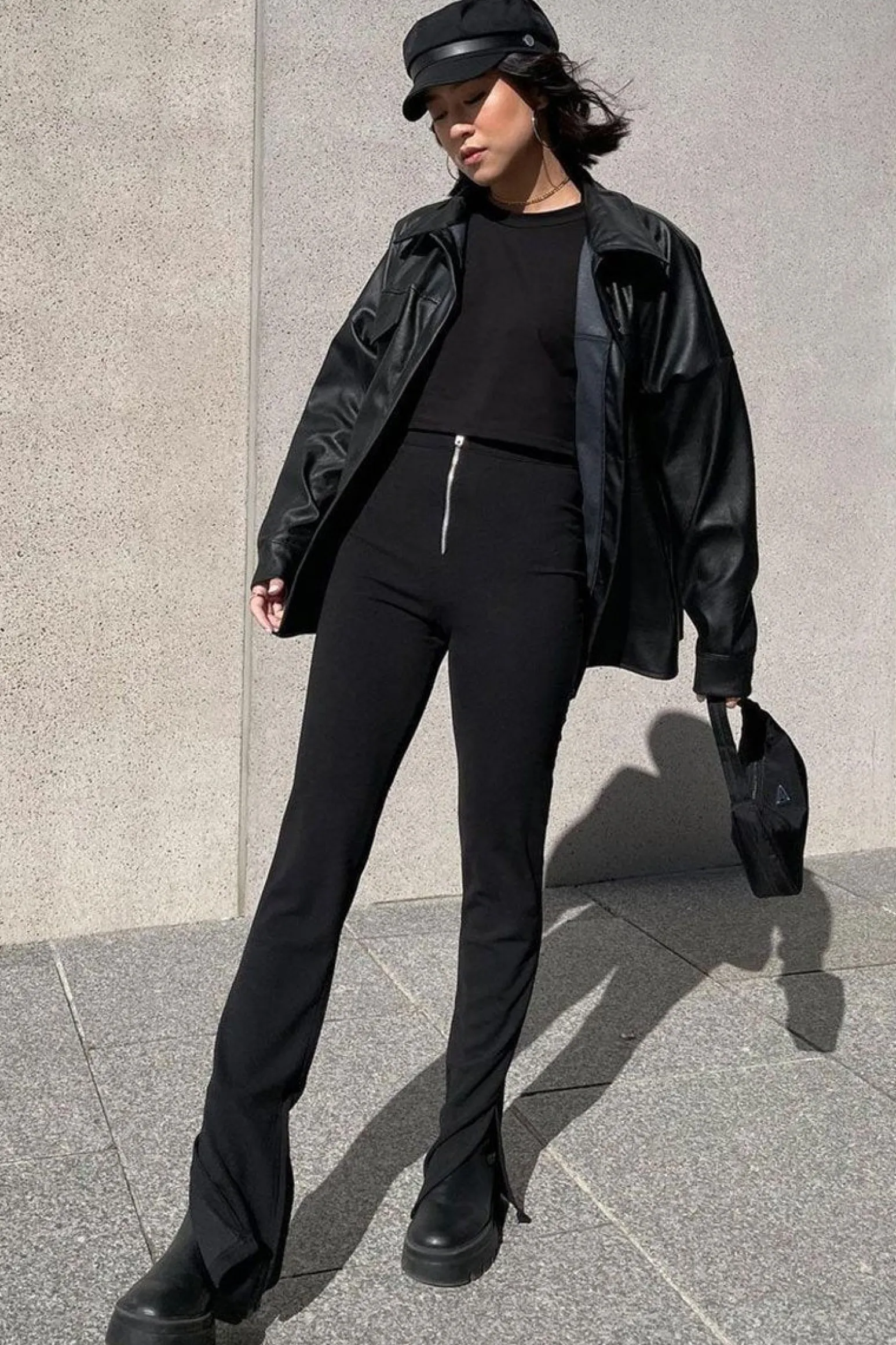 Rebellious Fashion Black Ring Zip Front Split Side Crepe Trousers - Ashton