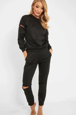 Rebellious Fashion Black Ripped Knee Cut Out Loungewear Set - Demmi