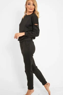 Rebellious Fashion Black Ripped Knee Cut Out Loungewear Set - Demmi