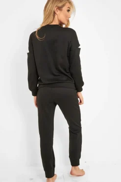 Rebellious Fashion Black Ripped Knee Cut Out Loungewear Set - Demmi