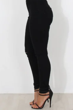 Rebellious Fashion Black Ripped Knee Jeans-Clara
