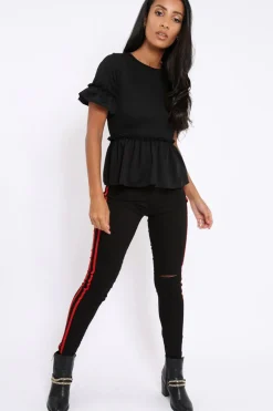 Rebellious Fashion Black Ripped Knee Red Stripe Skinny Jeans - Lucia