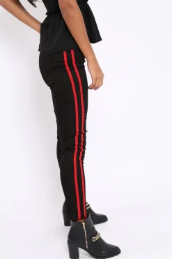Rebellious Fashion Black Ripped Knee Red Stripe Skinny Jeans - Lucia