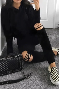 Rebellious Fashion Black Ripped Loungewear Set - Natalia