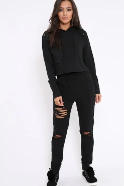 Rebellious Fashion Black Ripped Loungewear Set - Natalia