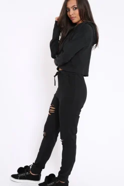 Rebellious Fashion Black Ripped Loungewear Set - Natalia