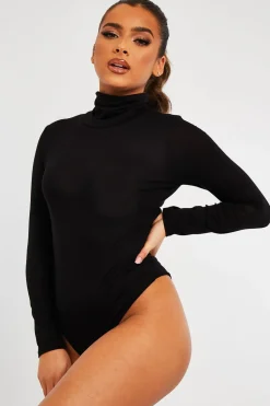 Rebellious Fashion Black Roll Neck Long Sleeve Bodysuit - Liza