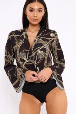 Rebellious Fashion Black Rope Print Plunge Bodysuit - Jani