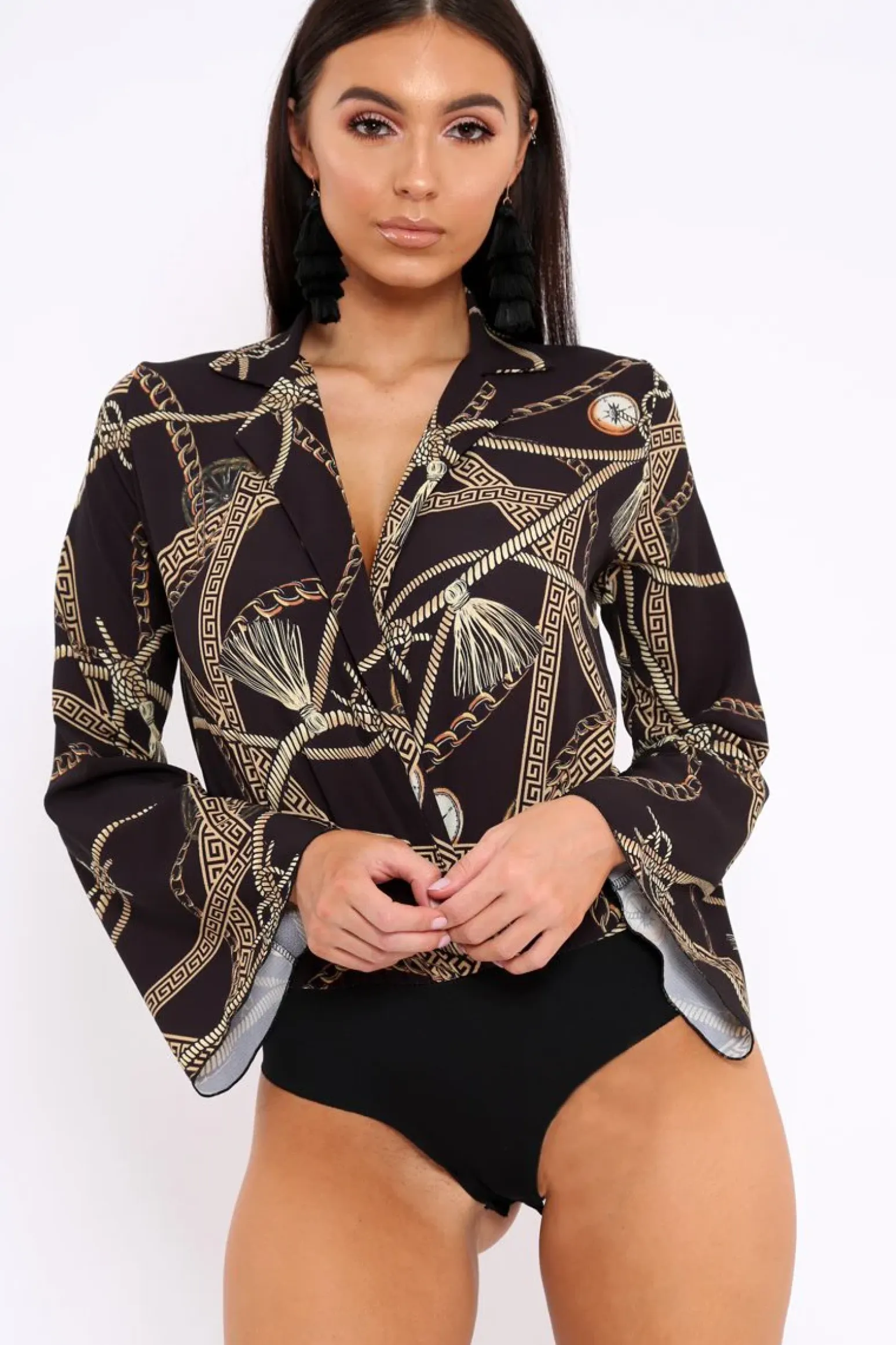 Rebellious Fashion Black Rope Print Plunge Bodysuit - Jani
