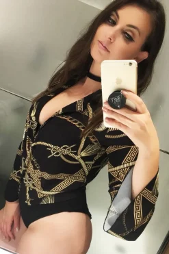 Rebellious Fashion Black Rope Print Plunge Bodysuit - Jani