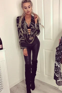 Rebellious Fashion Black Rope Print Plunge Bodysuit - Jani