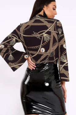 Rebellious Fashion Black Rope Print Plunge Bodysuit - Jani
