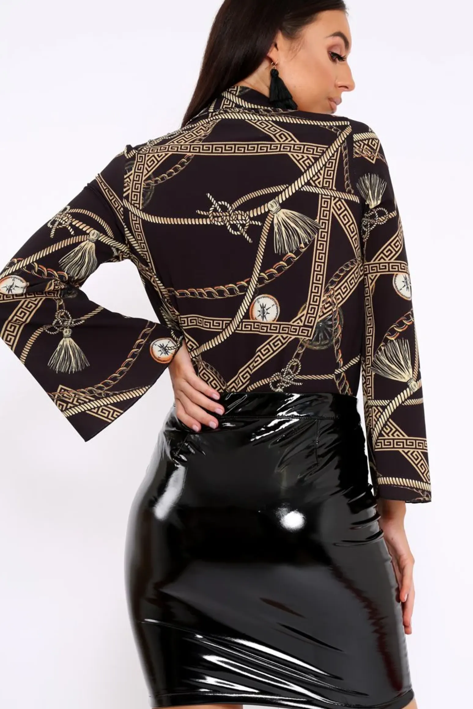 Rebellious Fashion Black Rope Print Plunge Bodysuit - Jani