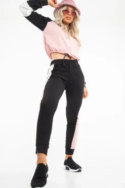 Rebellious Fashion Black Rose Colour Block Sweatshirt Tracksuit - Kazia
