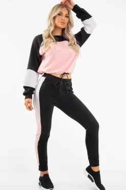 Rebellious Fashion Black Rose Colour Block Sweatshirt Tracksuit - Kazia