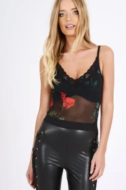 Rebellious Fashion Black Rose Print Lace Trim Sheer Bodysuit - Roza