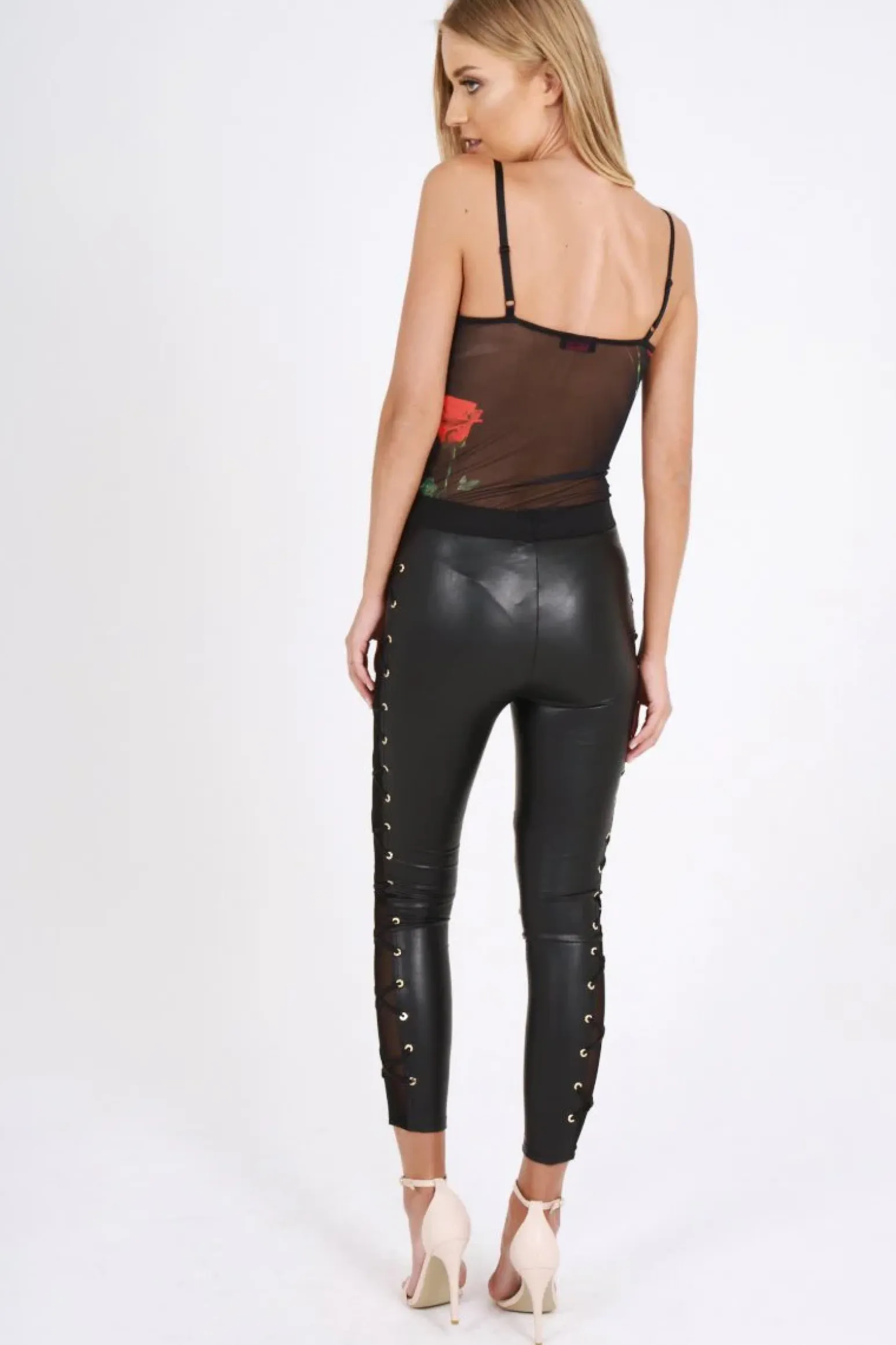 Rebellious Fashion Black Rose Print Lace Trim Sheer Bodysuit - Roza