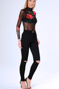Rebellious Fashion Black Rose Print Sheer Mesh Long Sleeve Bodysuit - Maddie