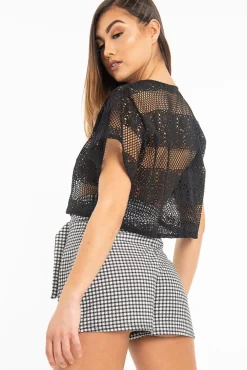 Rebellious Fashion Black Round Neck Crochet Crop Top - Lucindy